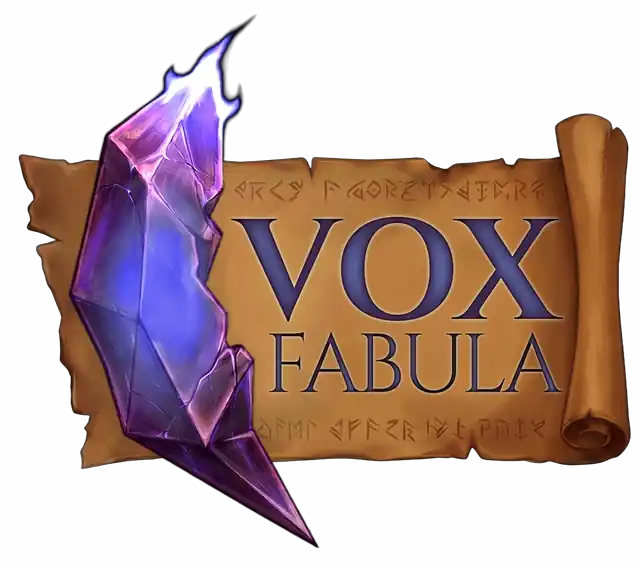 Vox Fabula — logo con cristallo arcano e pergamena